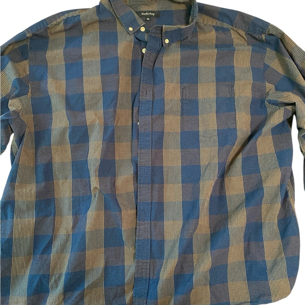 Double Pump Men's 4 XL Brown Blue Button-Down Long Sleeves with Chest Pocket
